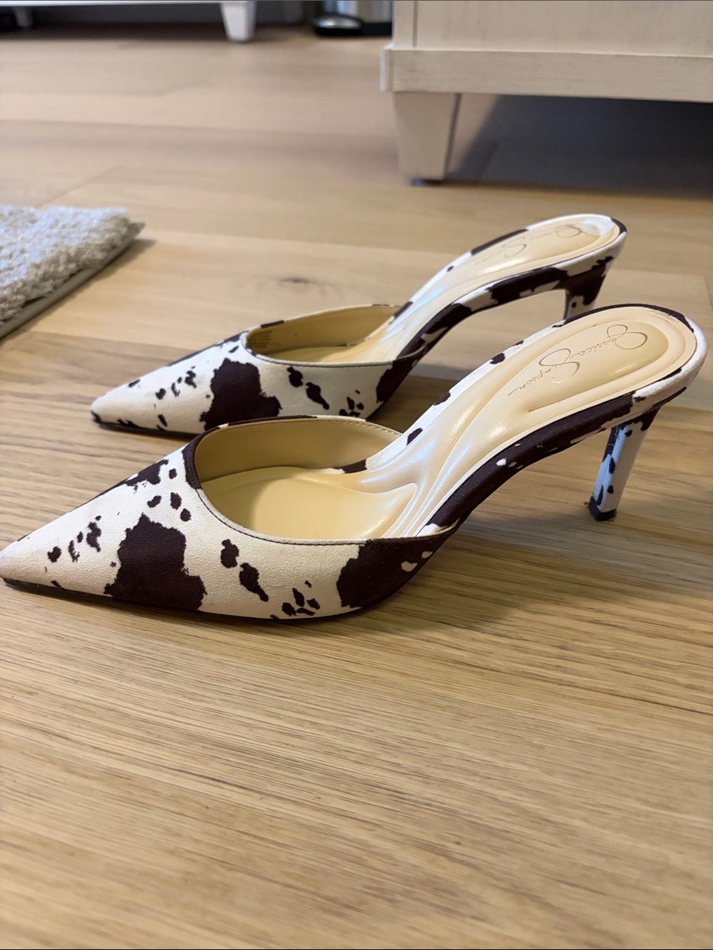 Jessica Simpson Cowprint Pointed Mule Heels - Brown & White